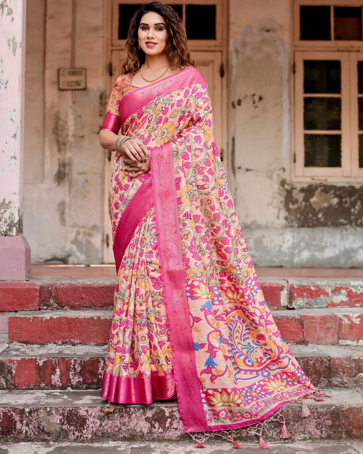 Rose Pink Floral Printed Cotton Silk Saree