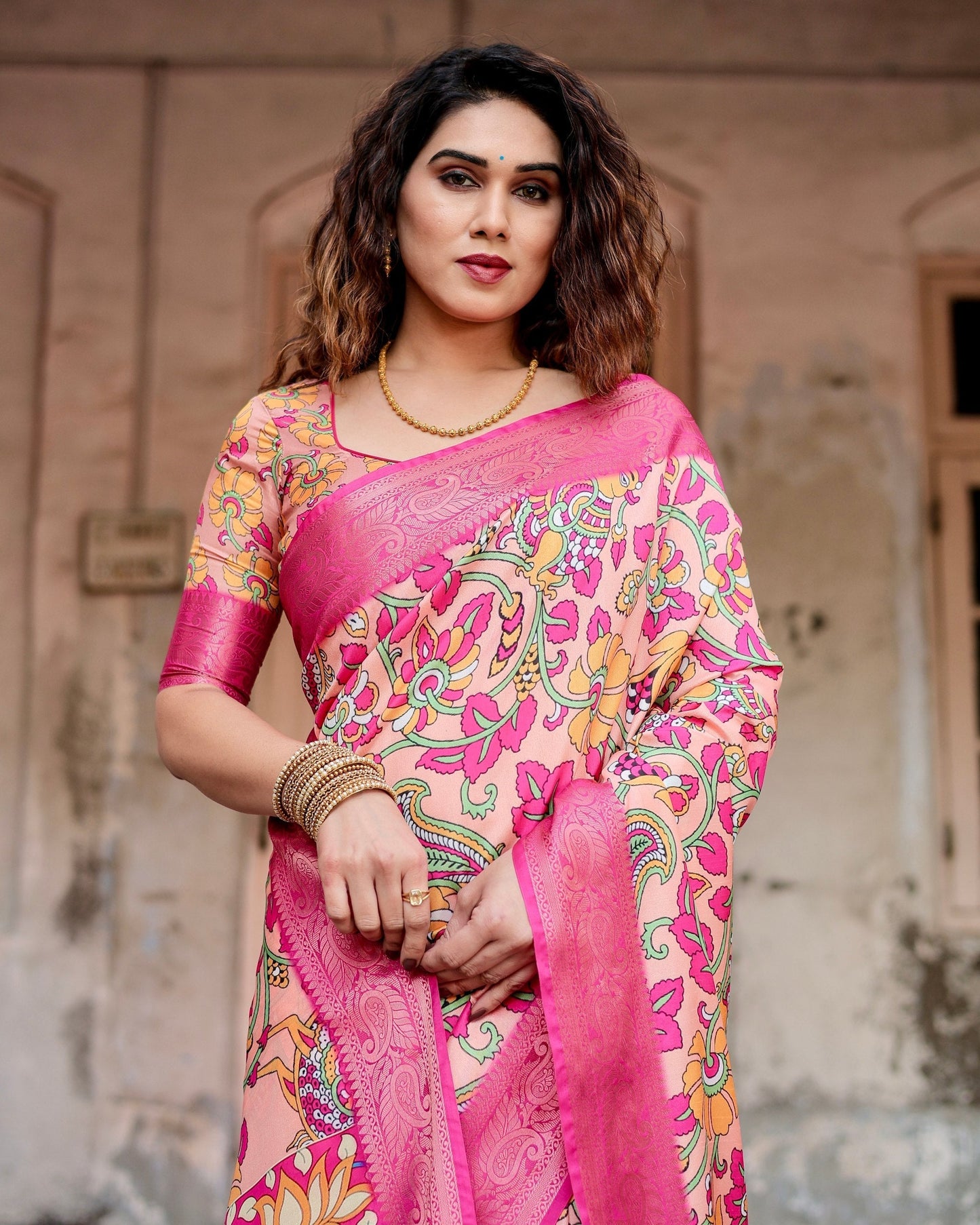 Rose Pink Floral Printed Cotton Silk Saree