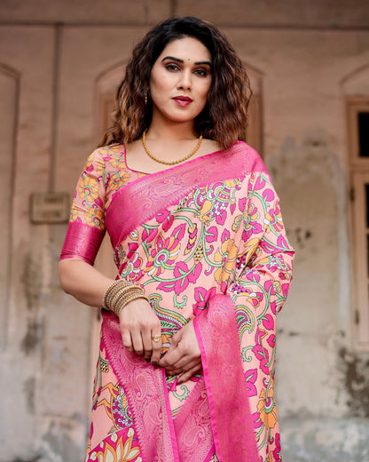 Rose Pink Floral Printed Cotton Silk Saree