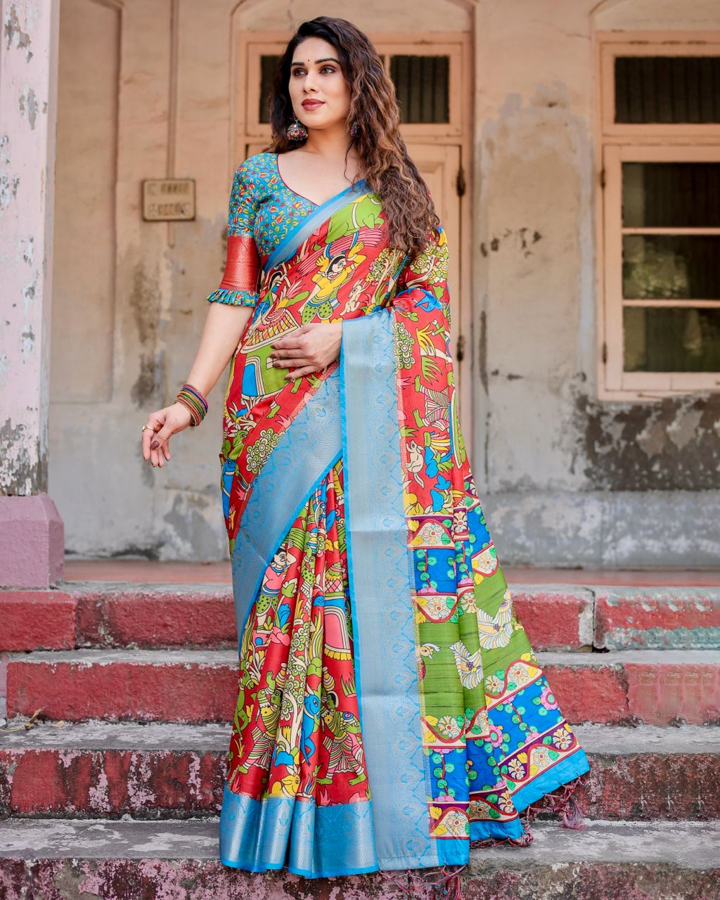 Red & Sky Blue Floral Printed Cotton Silk Saree