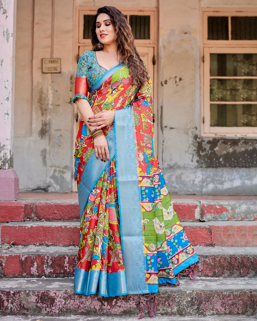 Red & Sky Blue Floral Printed Cotton Silk Saree