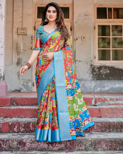 Red & Sky Blue Floral Printed Cotton Silk Saree