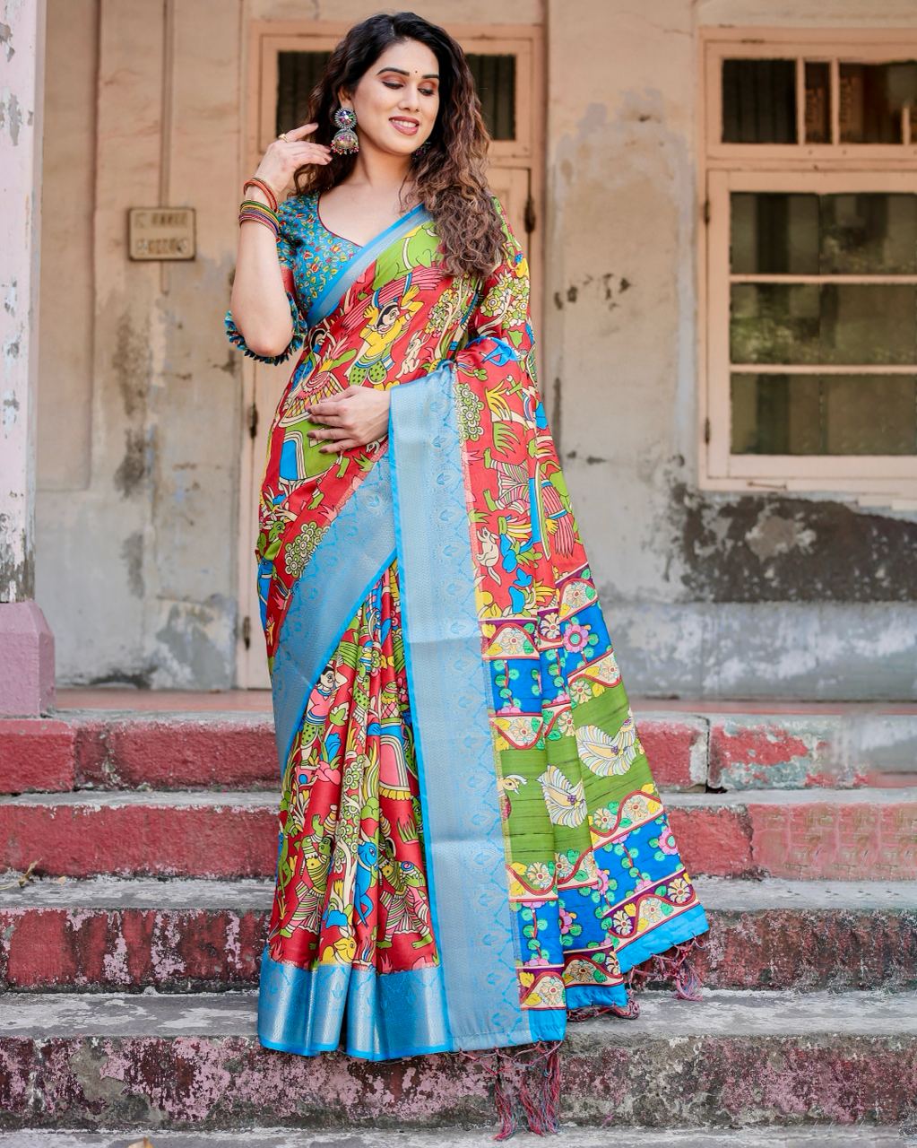 Red & Sky Blue Floral Printed Cotton Silk Saree
