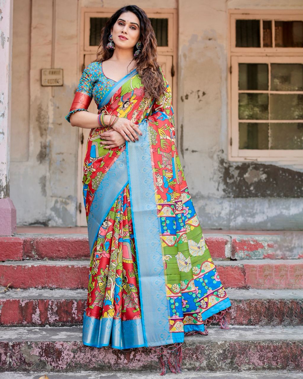Red & Sky Blue Floral Printed Cotton Silk Saree