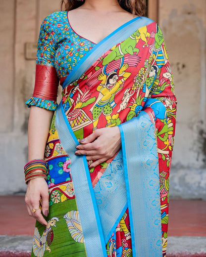 Red & Sky Blue Floral Printed Cotton Silk Saree