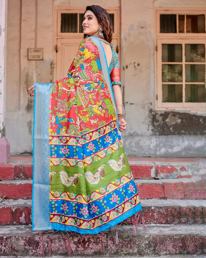 Red & Sky Blue Floral Printed Cotton Silk Saree