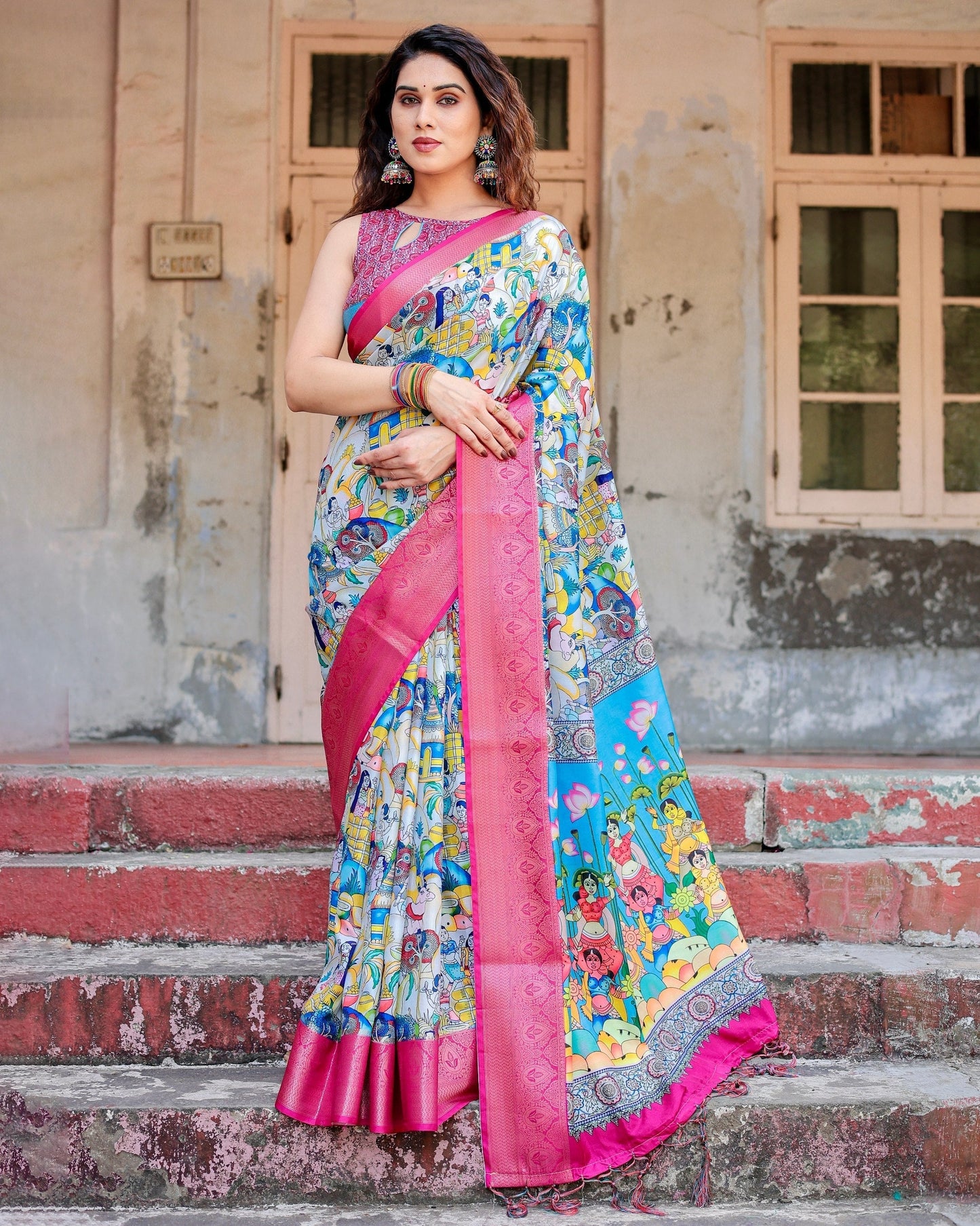 Sky Blue & Pink Floral Printed Cotton Silk Saree