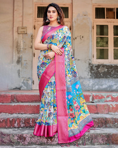 Sky Blue & Pink Floral Printed Cotton Silk Saree