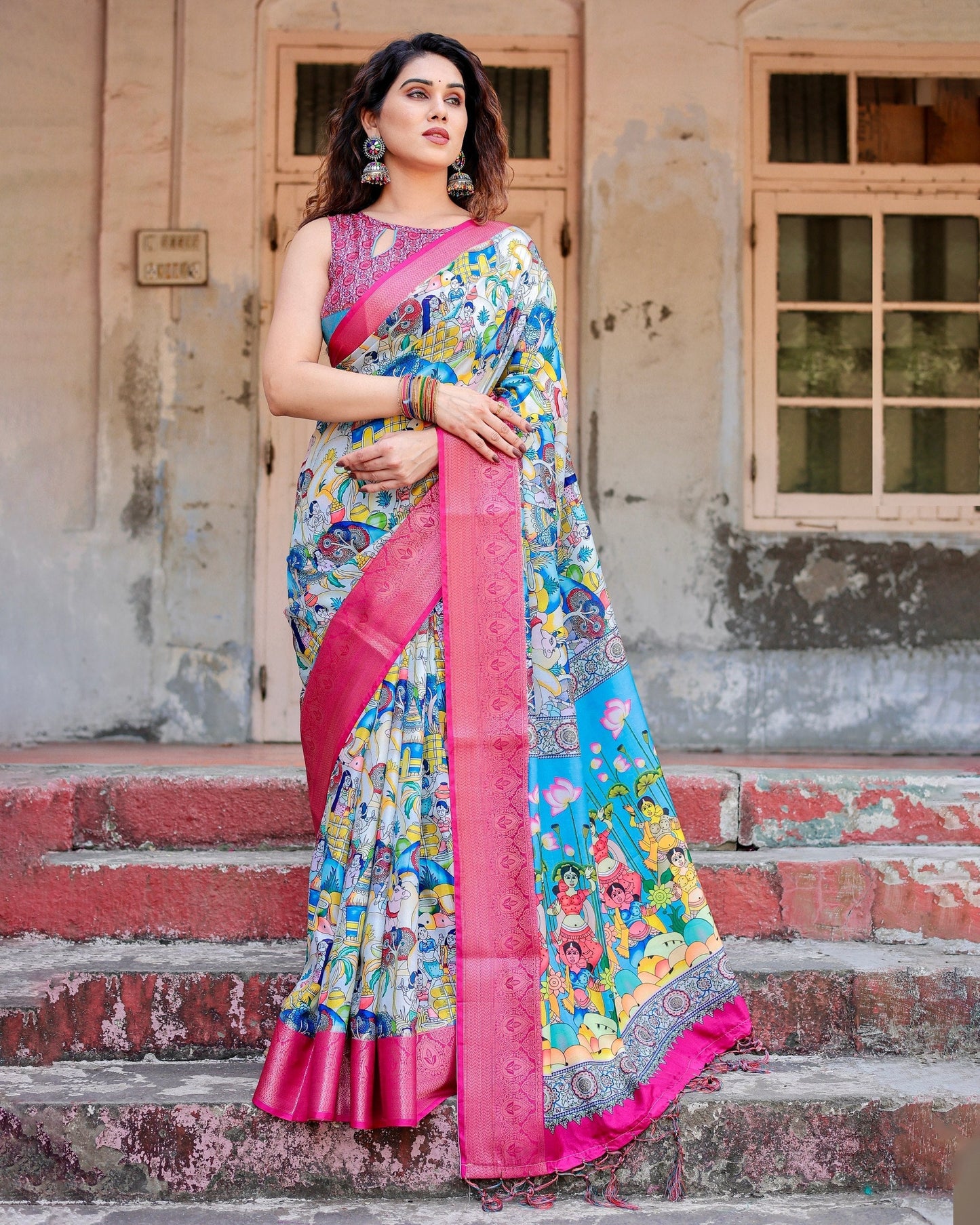 Sky Blue & Pink Floral Printed Cotton Silk Saree