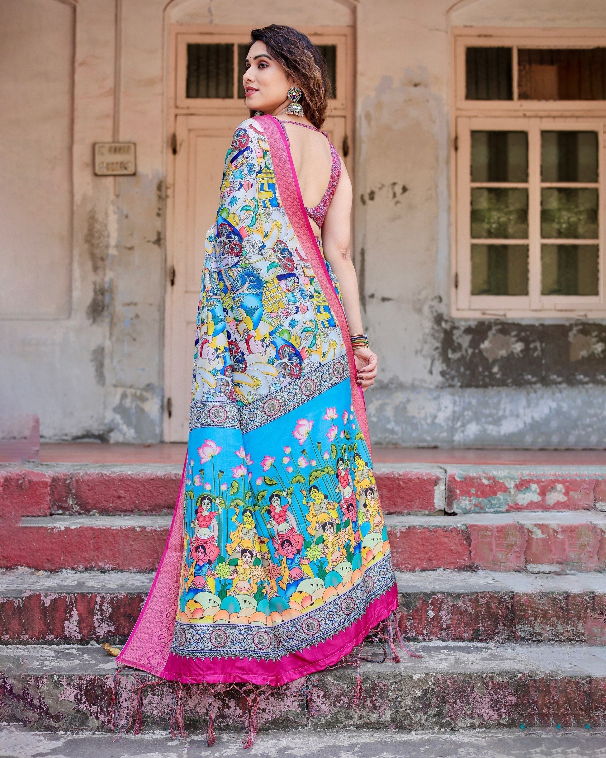 Sky Blue & Pink Floral Printed Cotton Silk Saree