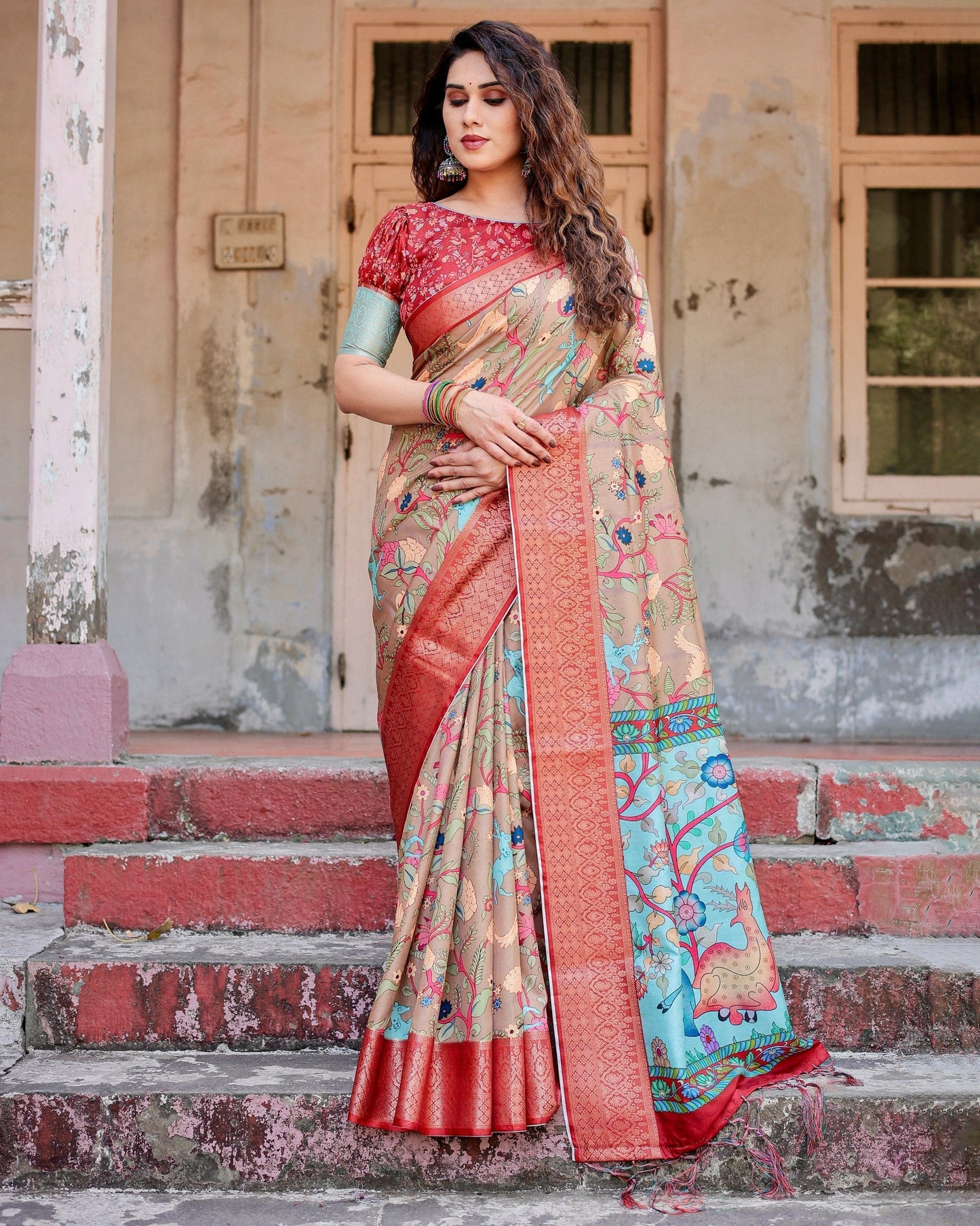Apricot Beige Floral Printed Cotton Silk Saree