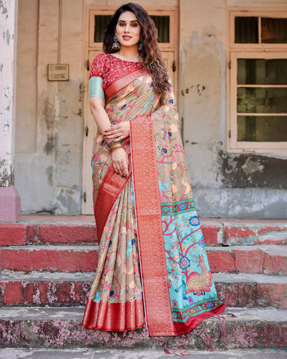 Apricot Beige Floral Printed Cotton Silk Saree