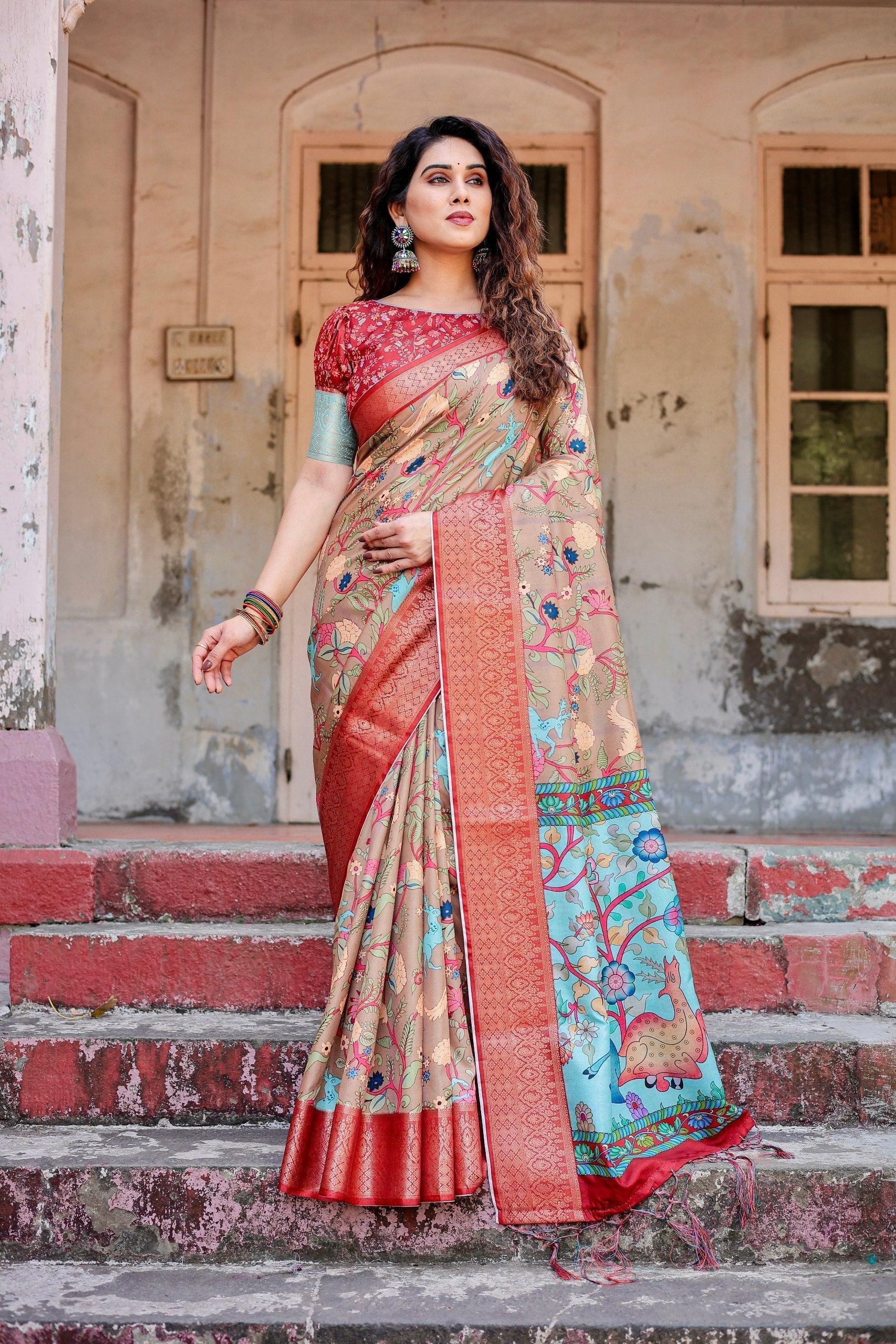 Apricot Beige Floral Printed Cotton Silk Saree