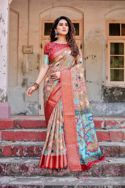 Apricot Beige Floral Printed Cotton Silk Saree