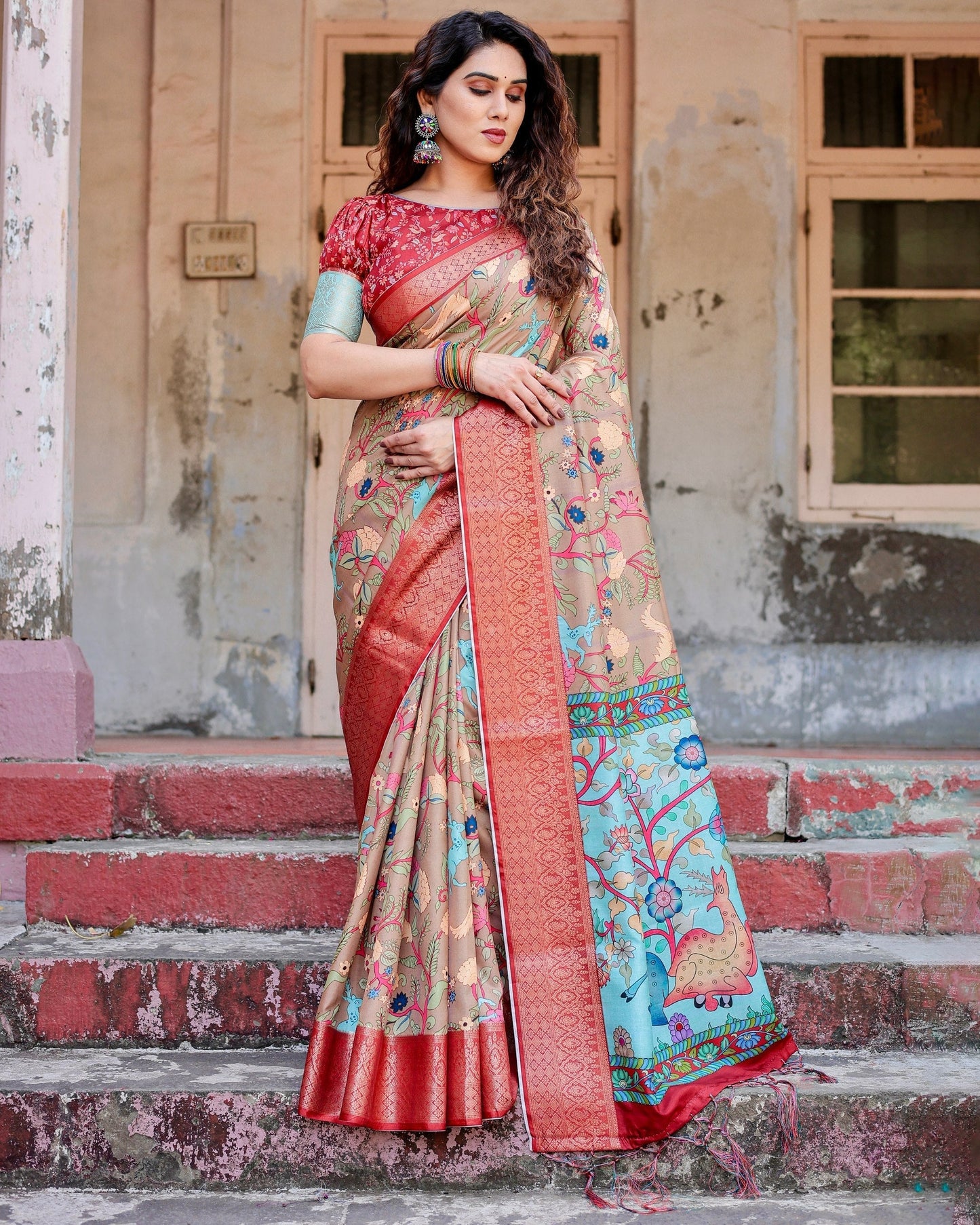 Apricot Beige Floral Printed Cotton Silk Saree