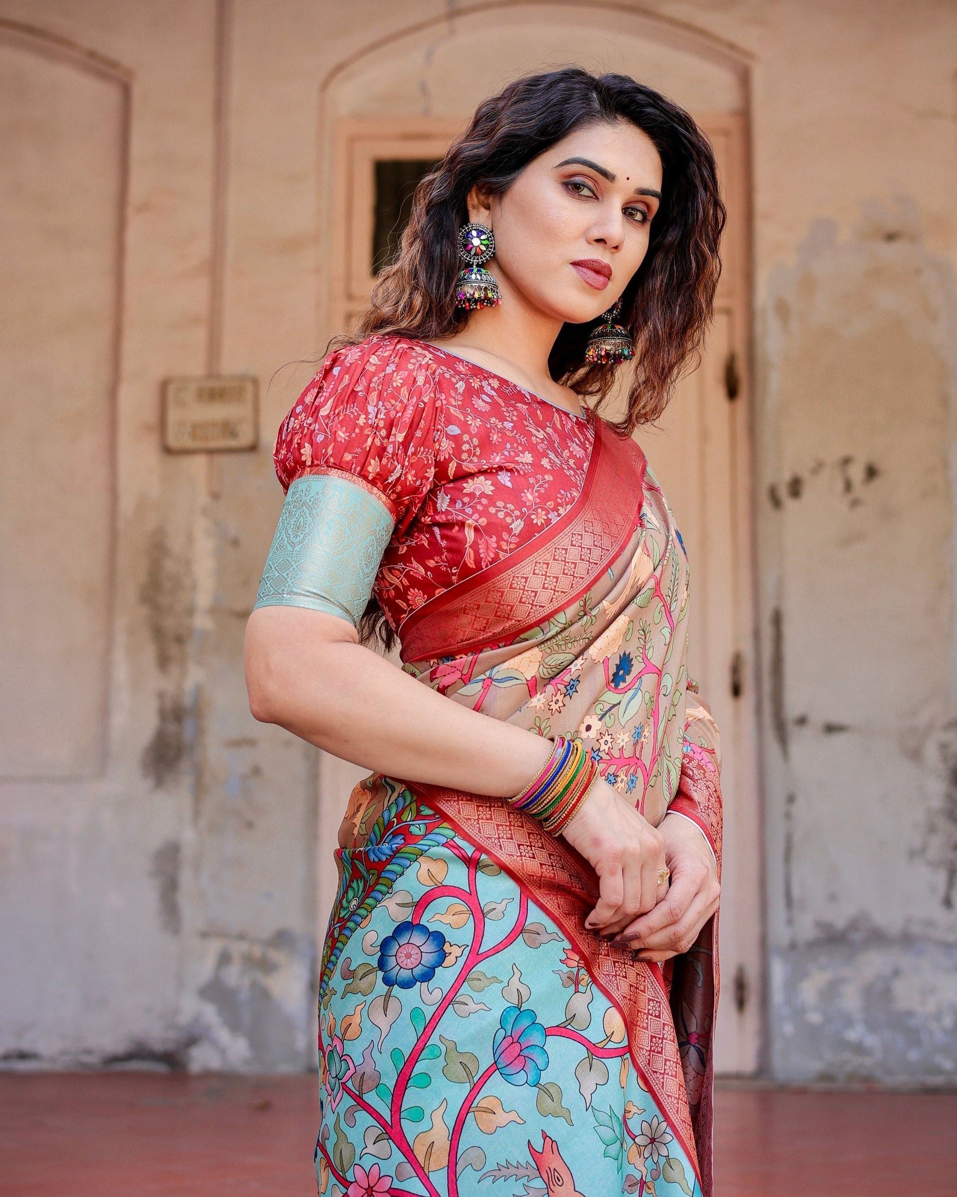 Apricot Beige Floral Printed Cotton Silk Saree