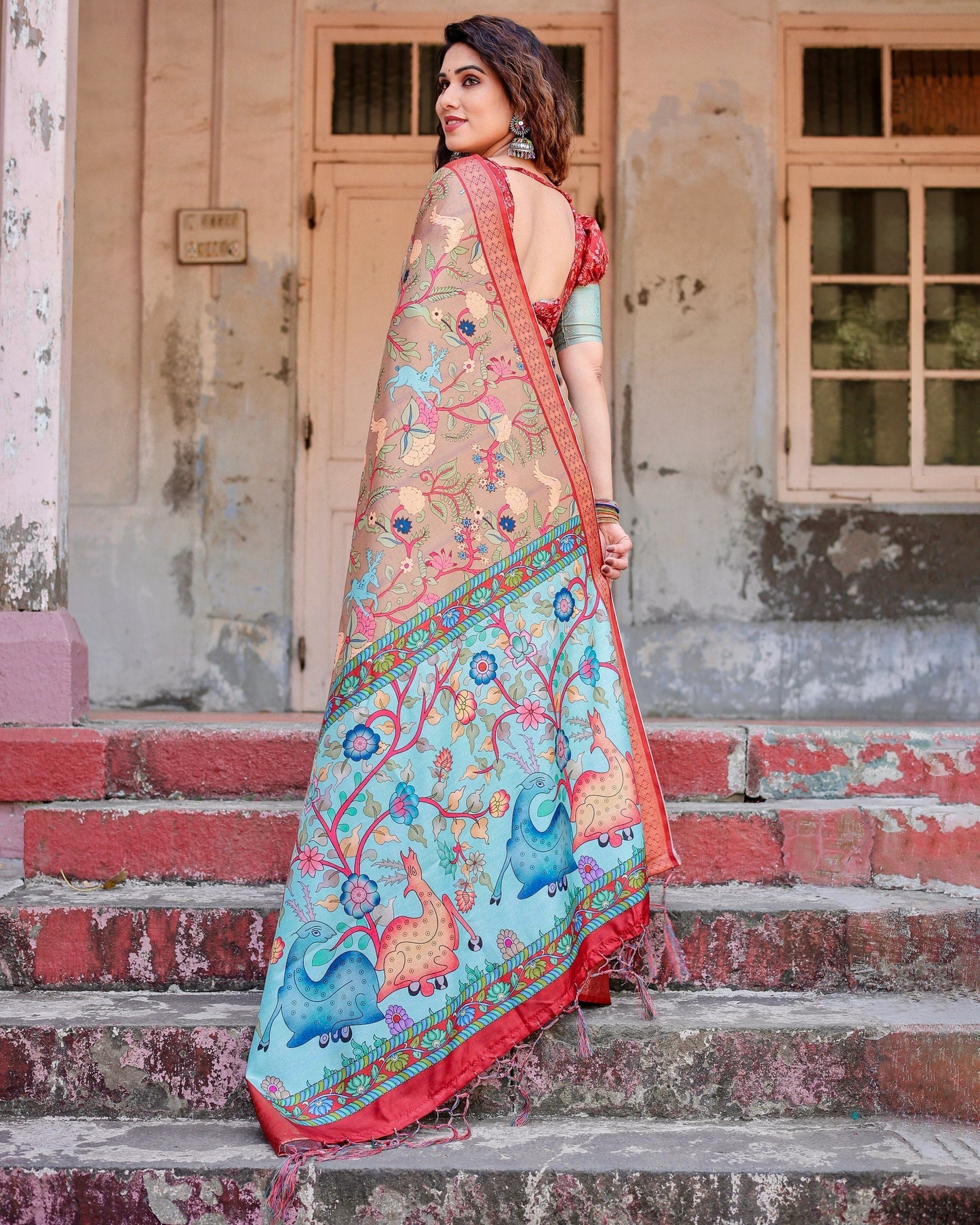 Apricot Beige Floral Printed Cotton Silk Saree