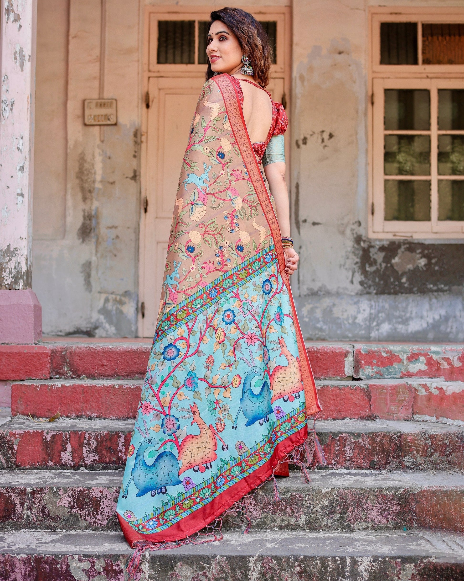 Apricot Beige Floral Printed Cotton Silk Saree