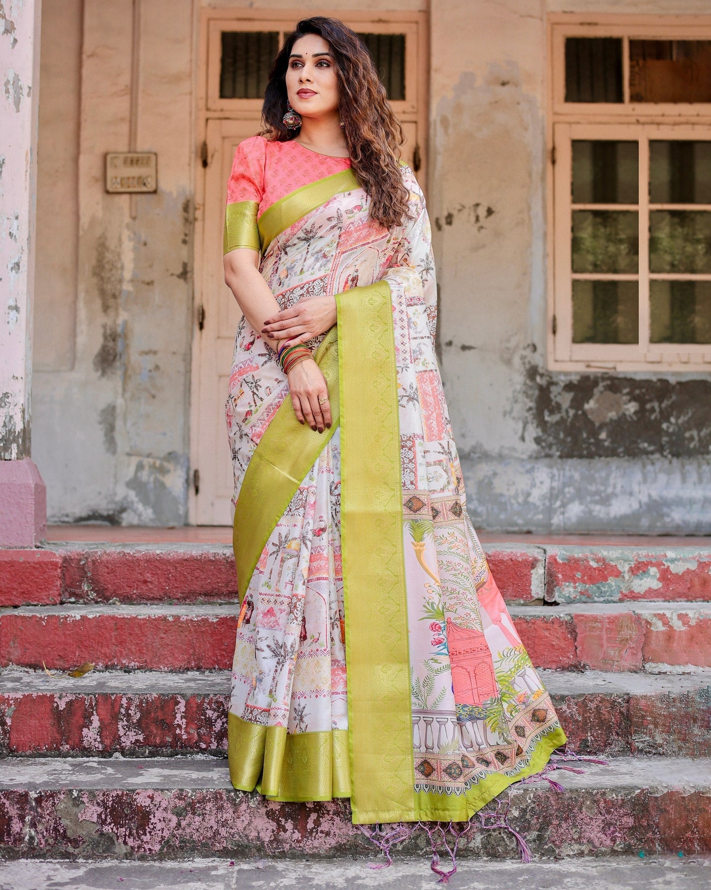 Multi Color Floral Printed Cotton Silk Saree