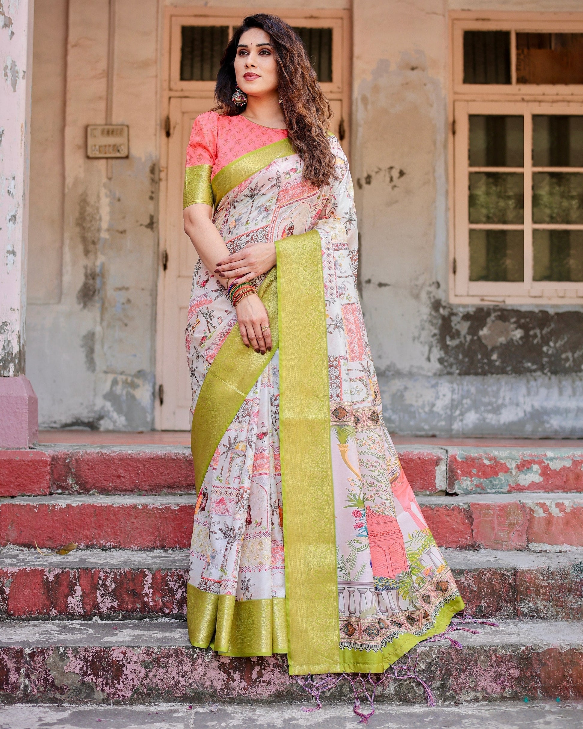 Multi Color Floral Printed Cotton Silk Saree