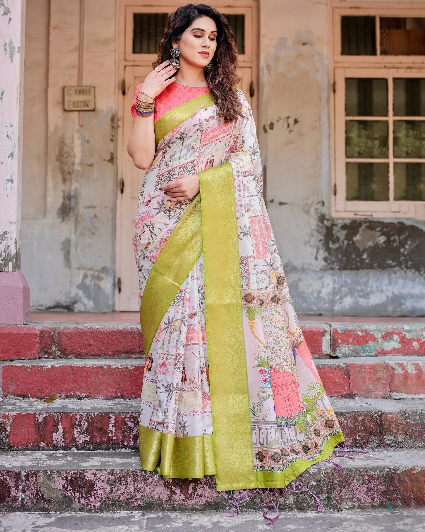 Multi Color Floral Printed Cotton Silk Saree