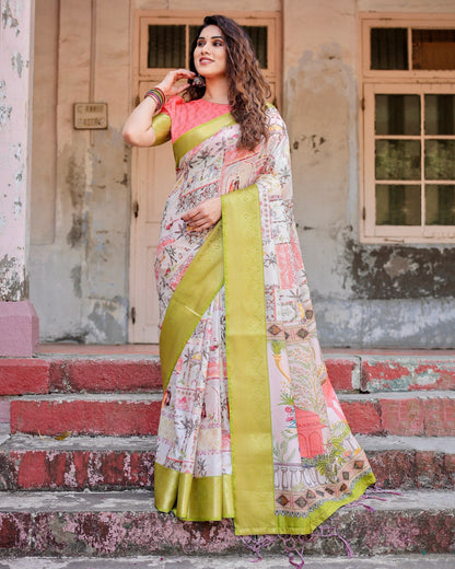 Multi Color Floral Printed Cotton Silk Saree