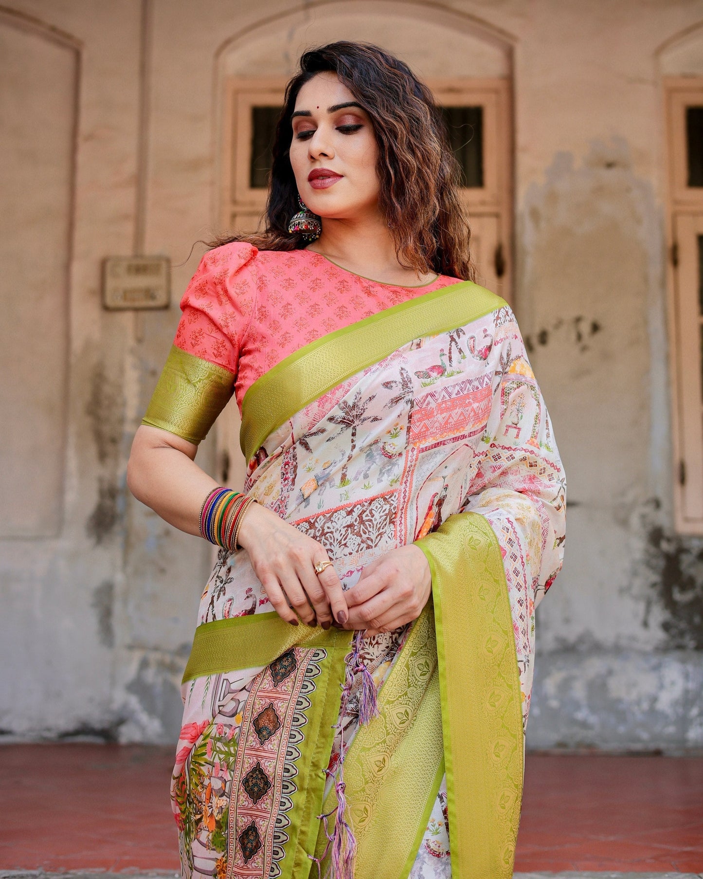 Multi Color Floral Printed Cotton Silk Saree