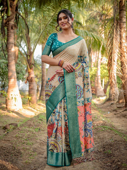 Pine Green & Beige Floral Printed Cotton Silk Saree