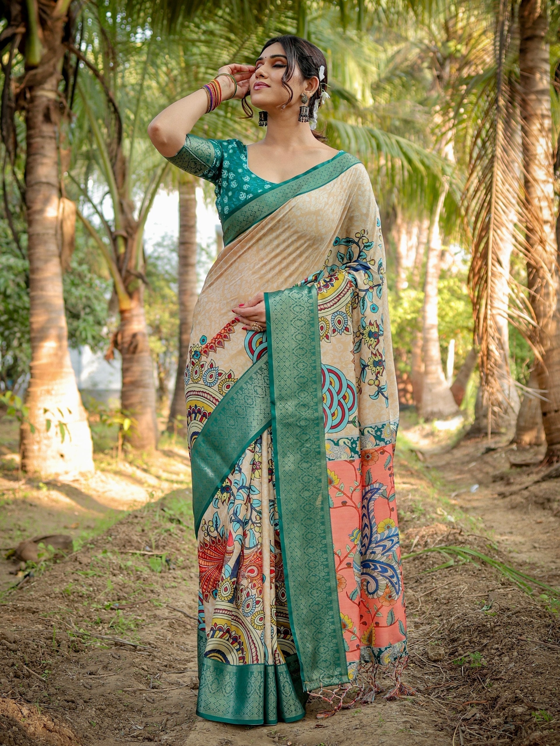 Pine Green & Beige Floral Printed Cotton Silk Saree