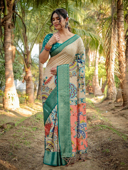 Pine Green & Beige Floral Printed Cotton Silk Saree