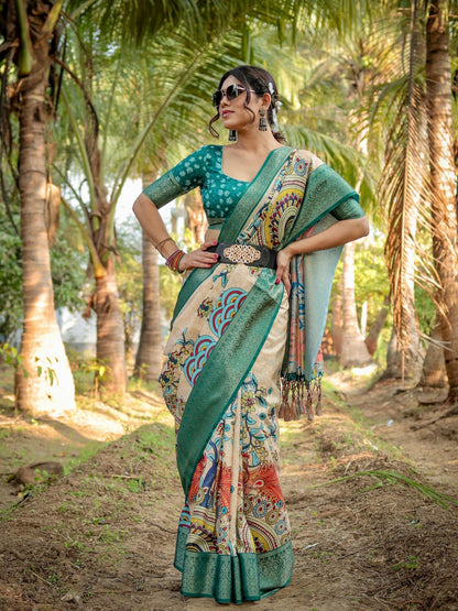 Pine Green & Beige Floral Printed Cotton Silk Saree