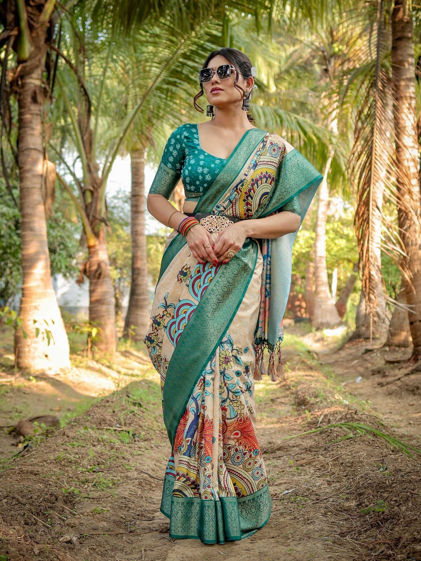 Pine Green & Beige Floral Printed Cotton Silk Saree