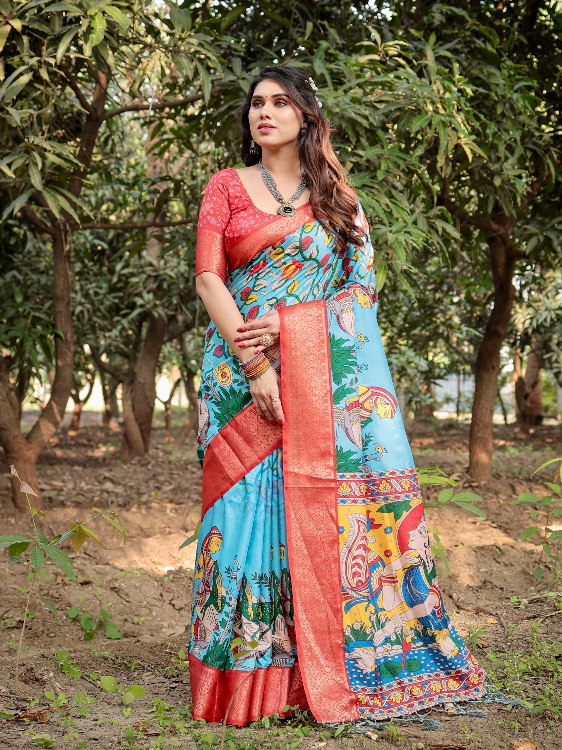 Turquoise Sky Blue Color Floral Printed Cotton Silk Saree