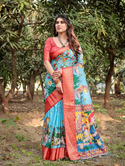 Turquoise Sky Blue Color Floral Printed Cotton Silk Saree