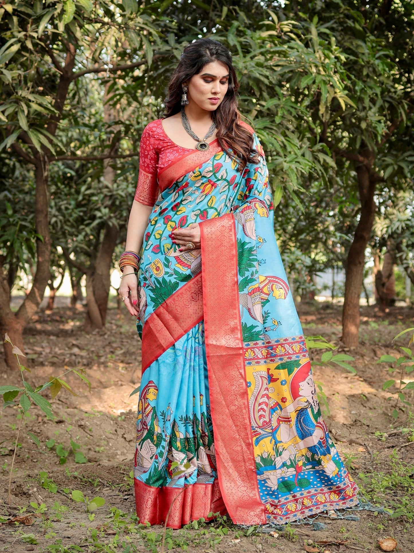 Turquoise Sky Blue Color Floral Printed Cotton Silk Saree