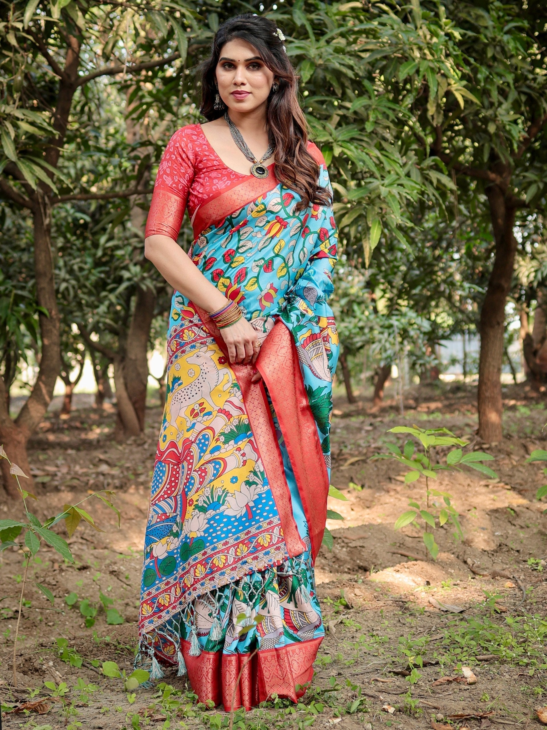 Turquoise Sky Blue Color Floral Printed Cotton Silk Saree