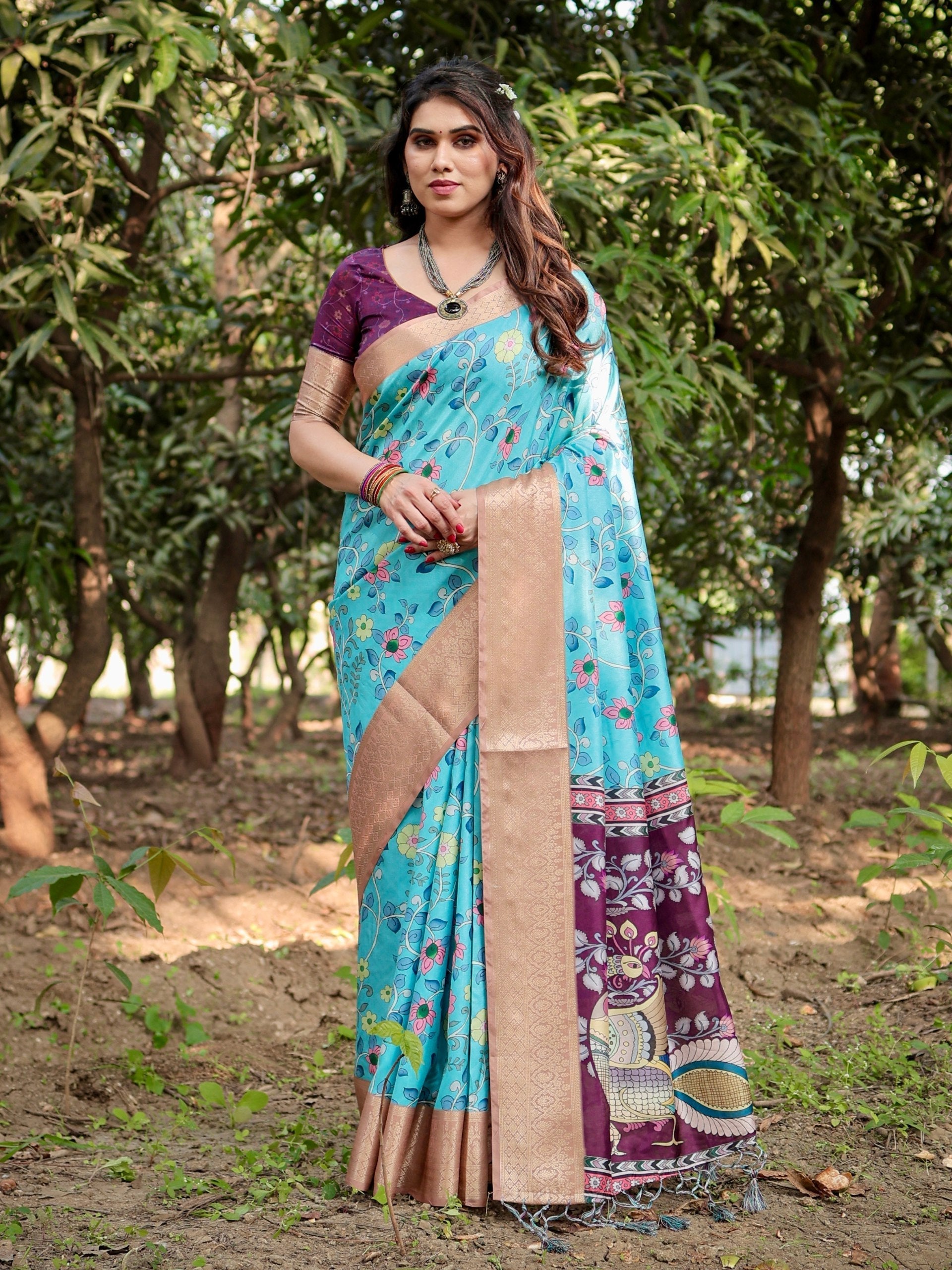 Cream & Sky Blue Floral Printed Cotton Silk Saree