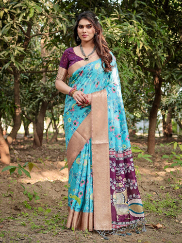 Cream & Sky Blue Floral Printed Cotton Silk Saree
