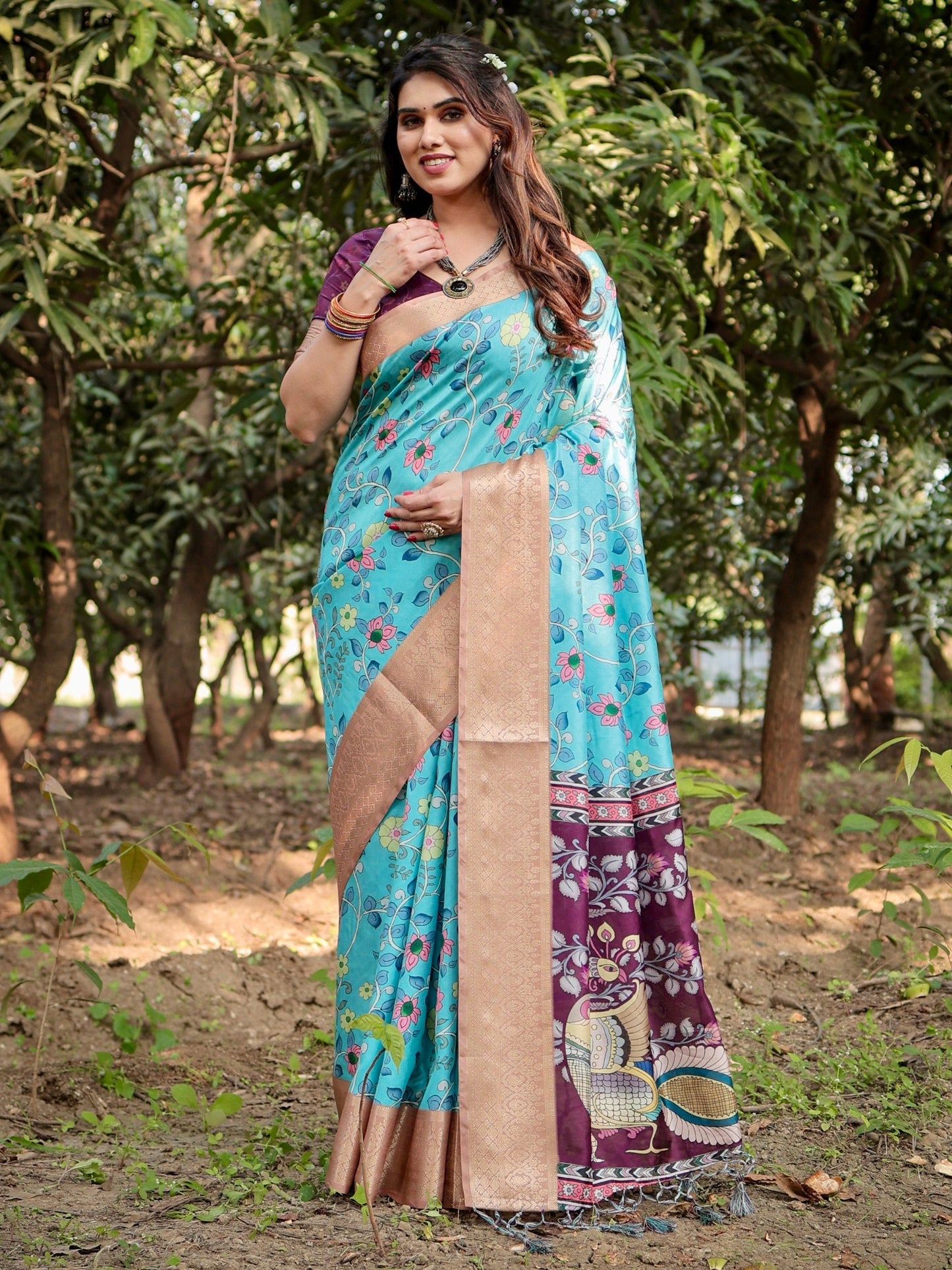 Cream & Sky Blue Floral Printed Cotton Silk Saree