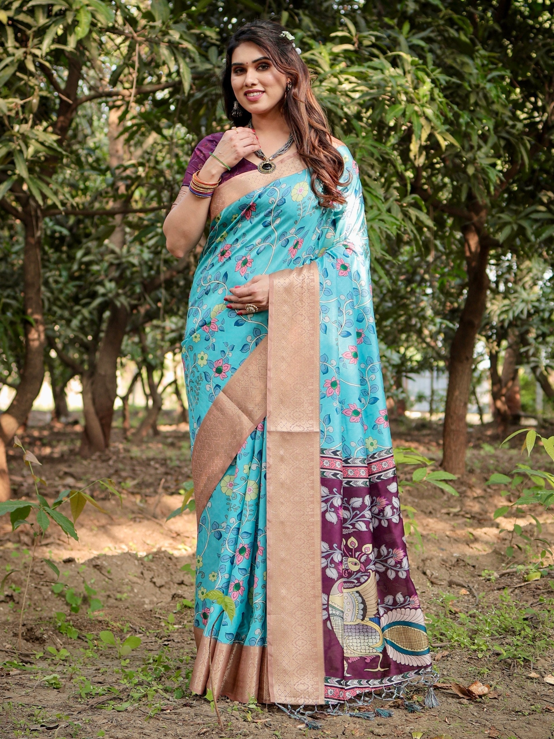 Cream & Sky Blue Floral Printed Cotton Silk Saree