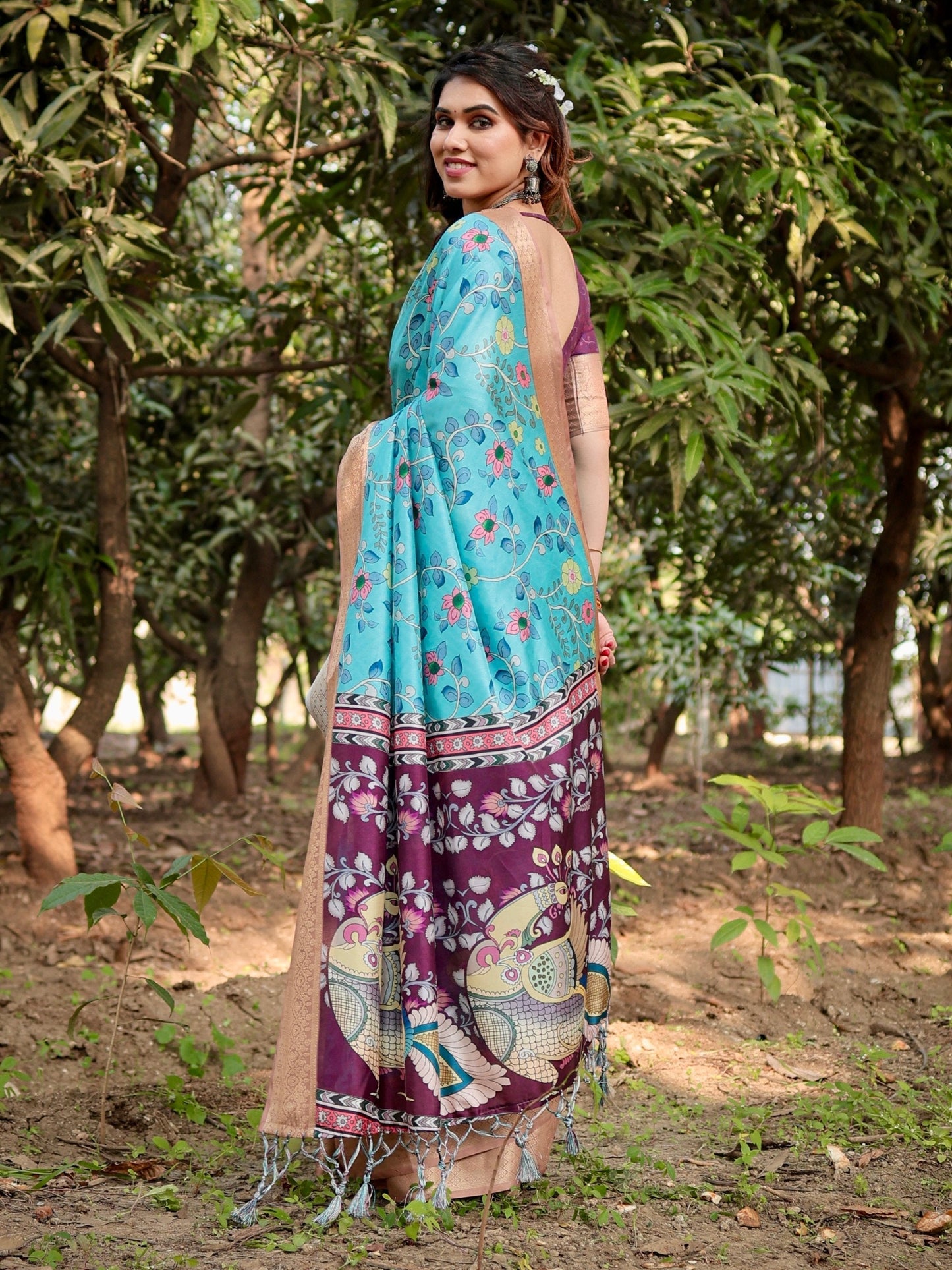 Cream & Sky Blue Floral Printed Cotton Silk Saree