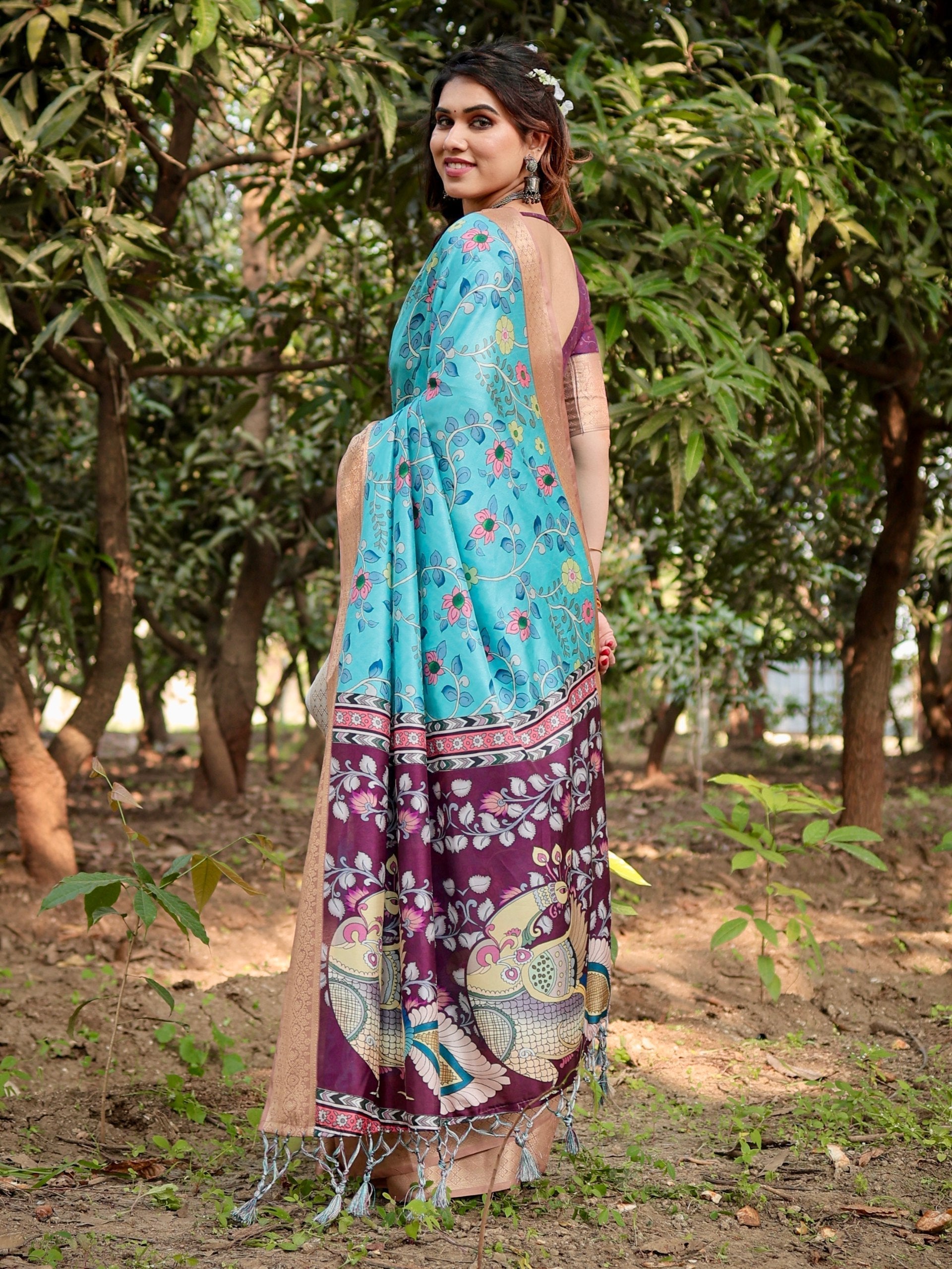 Cream & Sky Blue Floral Printed Cotton Silk Saree