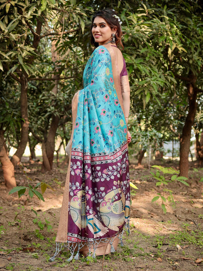 Cream & Sky Blue Floral Printed Cotton Silk Saree