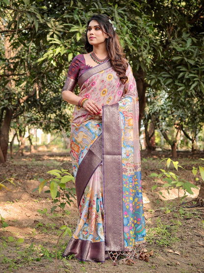 Light Rosewood Pink & Velour Purple Floral Printed Cotton Silk Saree