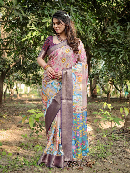 Light Rosewood Pink & Velour Purple Floral Printed Cotton Silk Saree