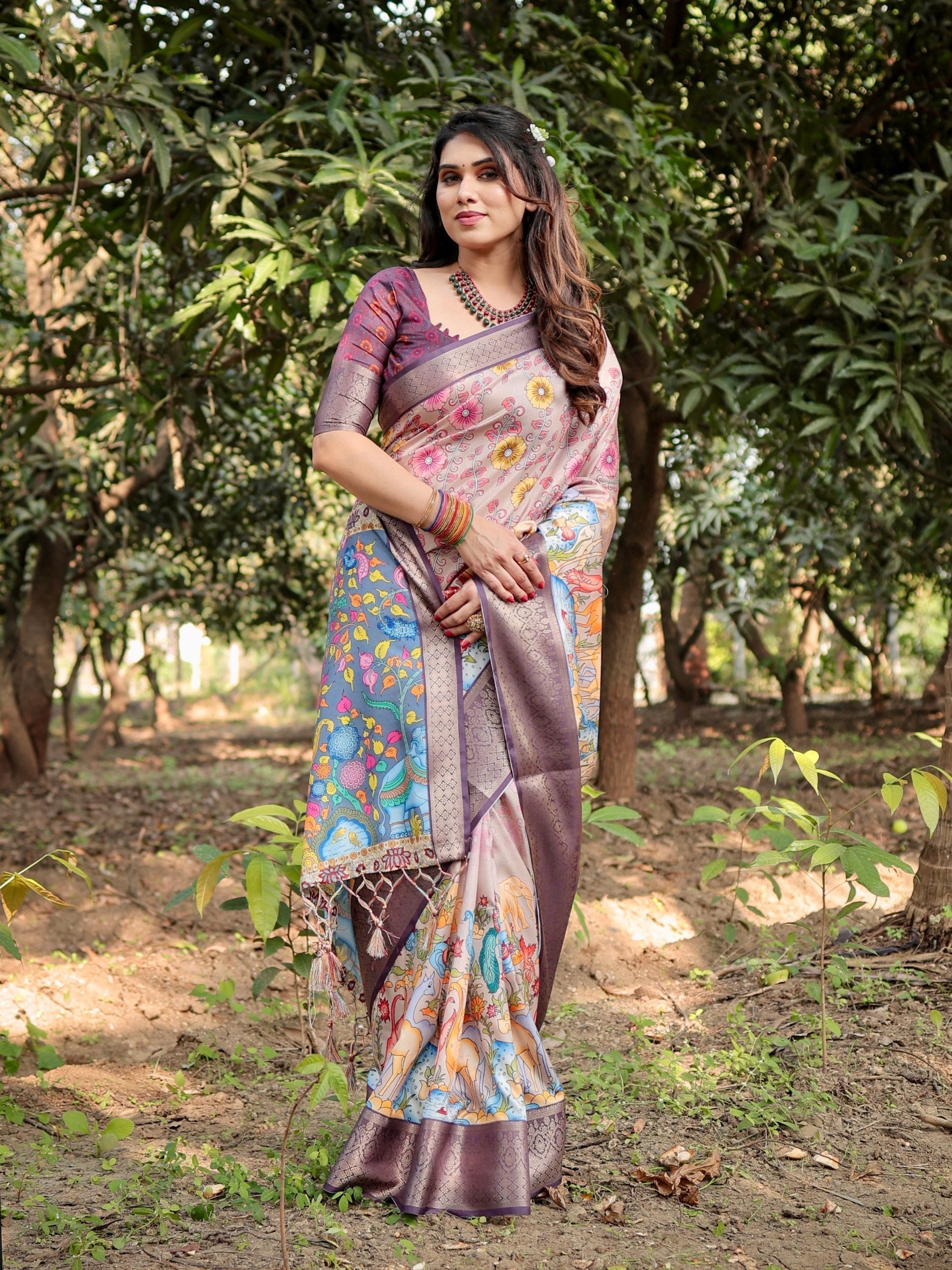 Light Rosewood Pink & Velour Purple Floral Printed Cotton Silk Saree