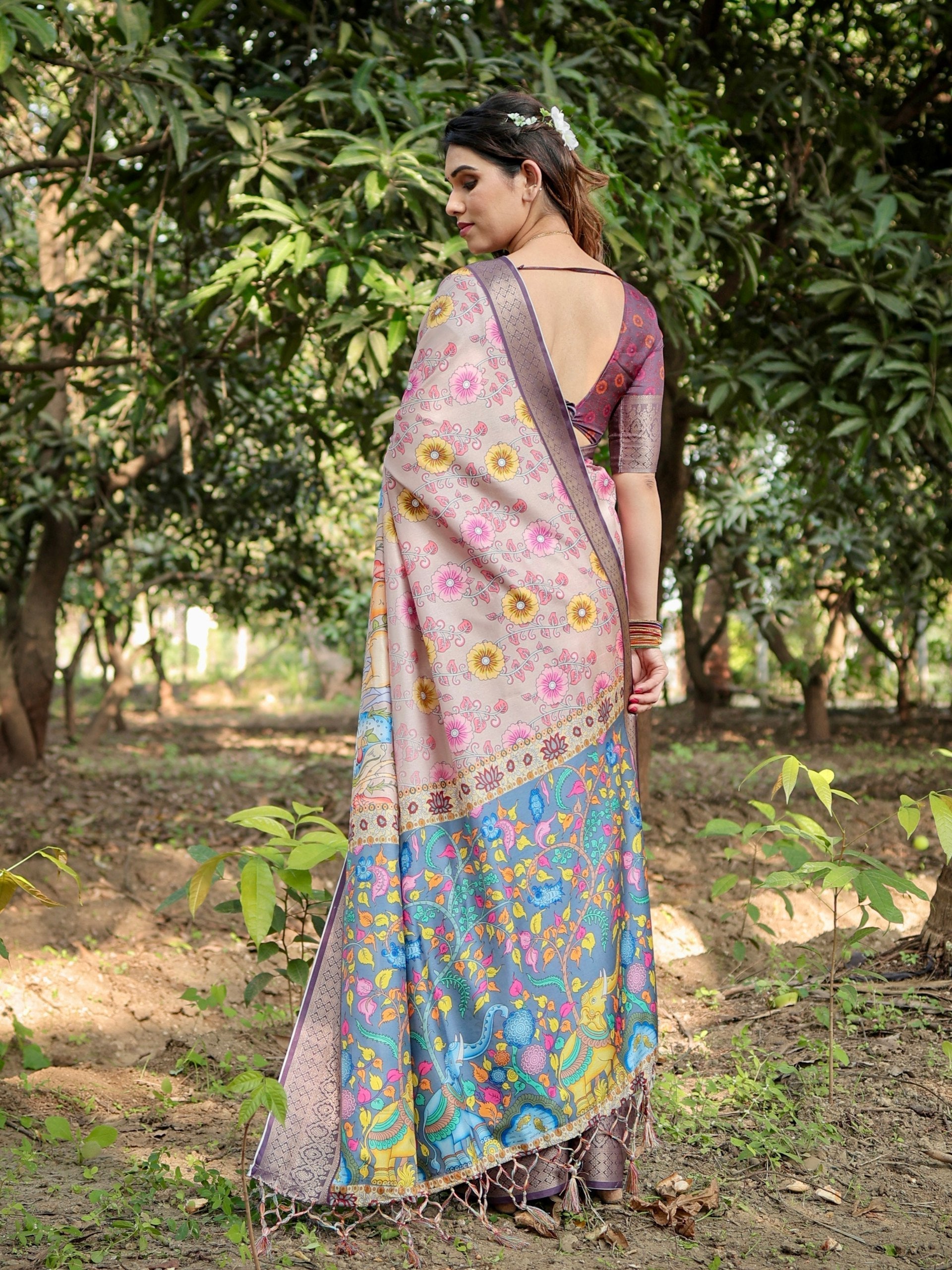 Light Rosewood Pink & Velour Purple Floral Printed Cotton Silk Saree