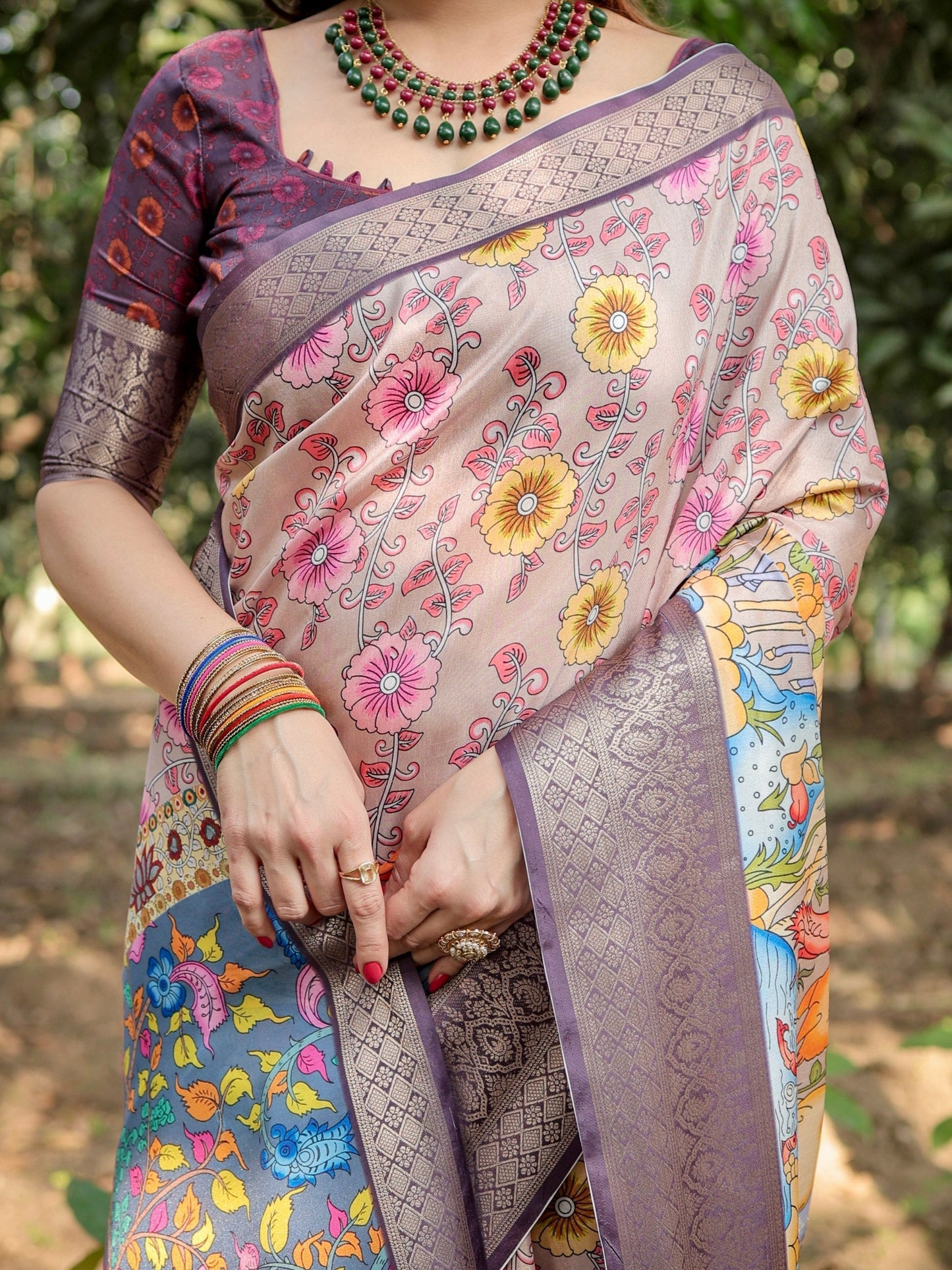 Light Rosewood Pink & Velour Purple Floral Printed Cotton Silk Saree