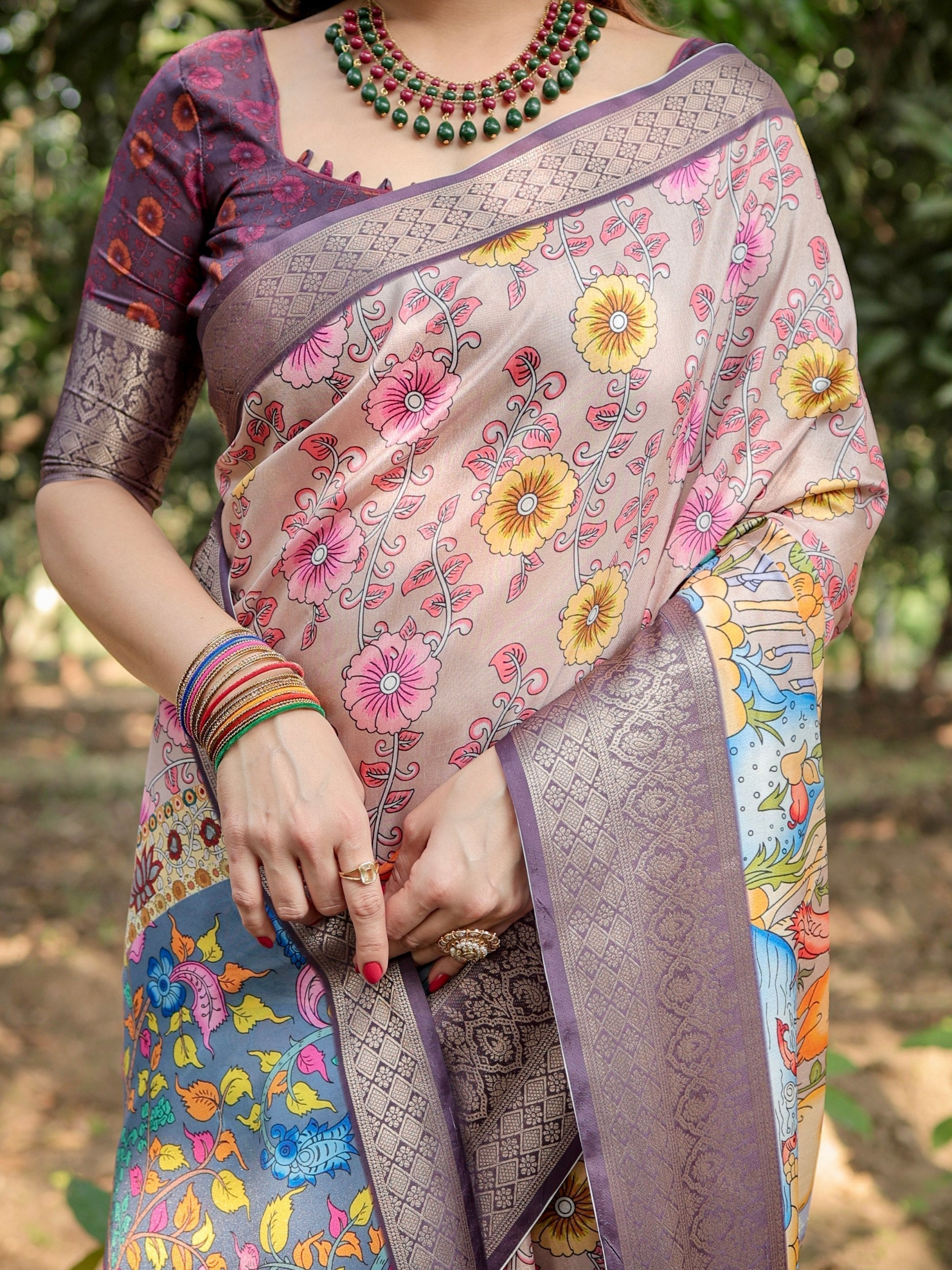 Light Rosewood Pink & Velour Purple Floral Printed Cotton Silk Saree
