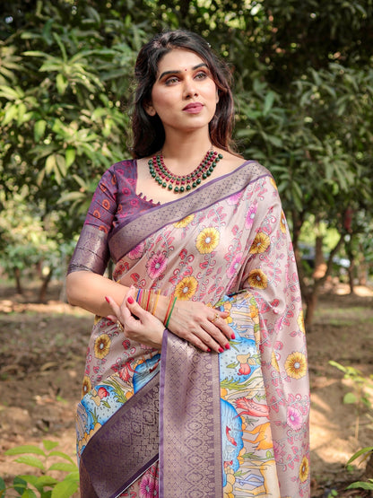 Light Rosewood Pink & Velour Purple Floral Printed Cotton Silk Saree